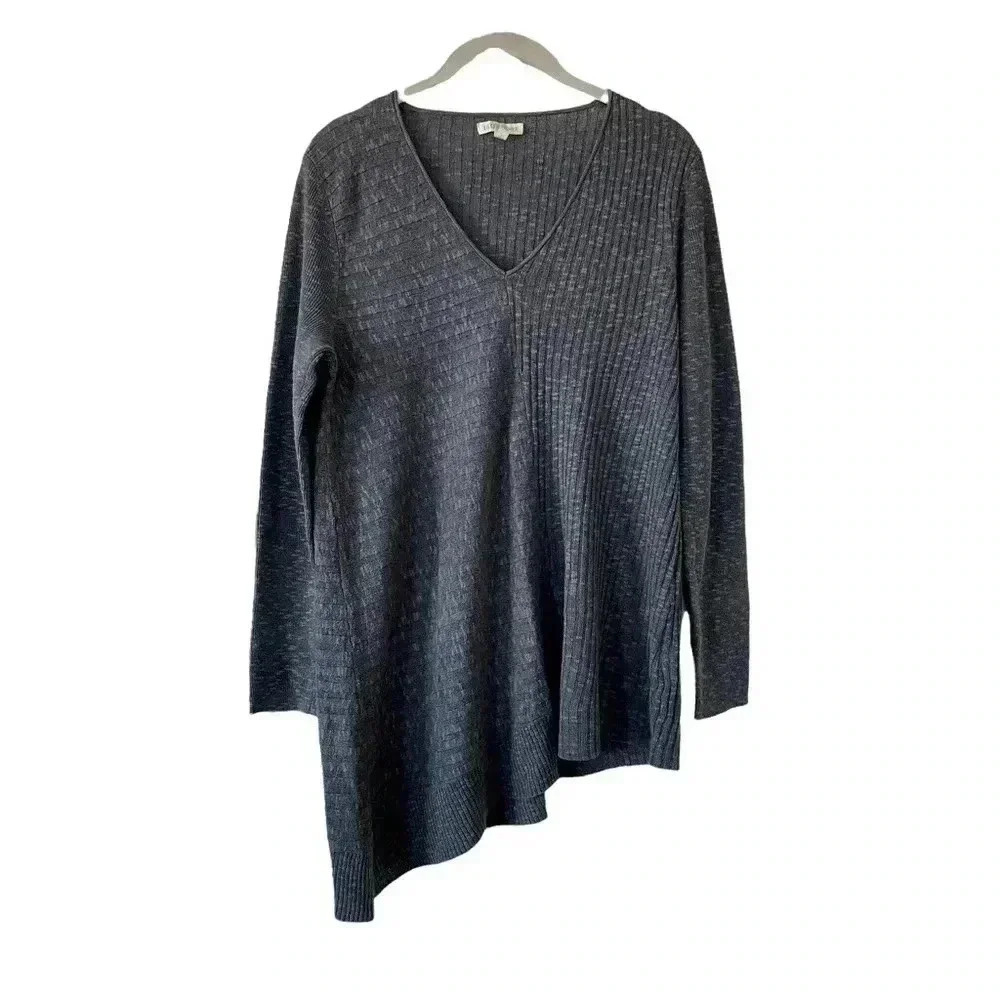 Eileen Fisher Gray Ribbed Knit Sweater Small Asymmetrical Hem V-Neck Linen Blend